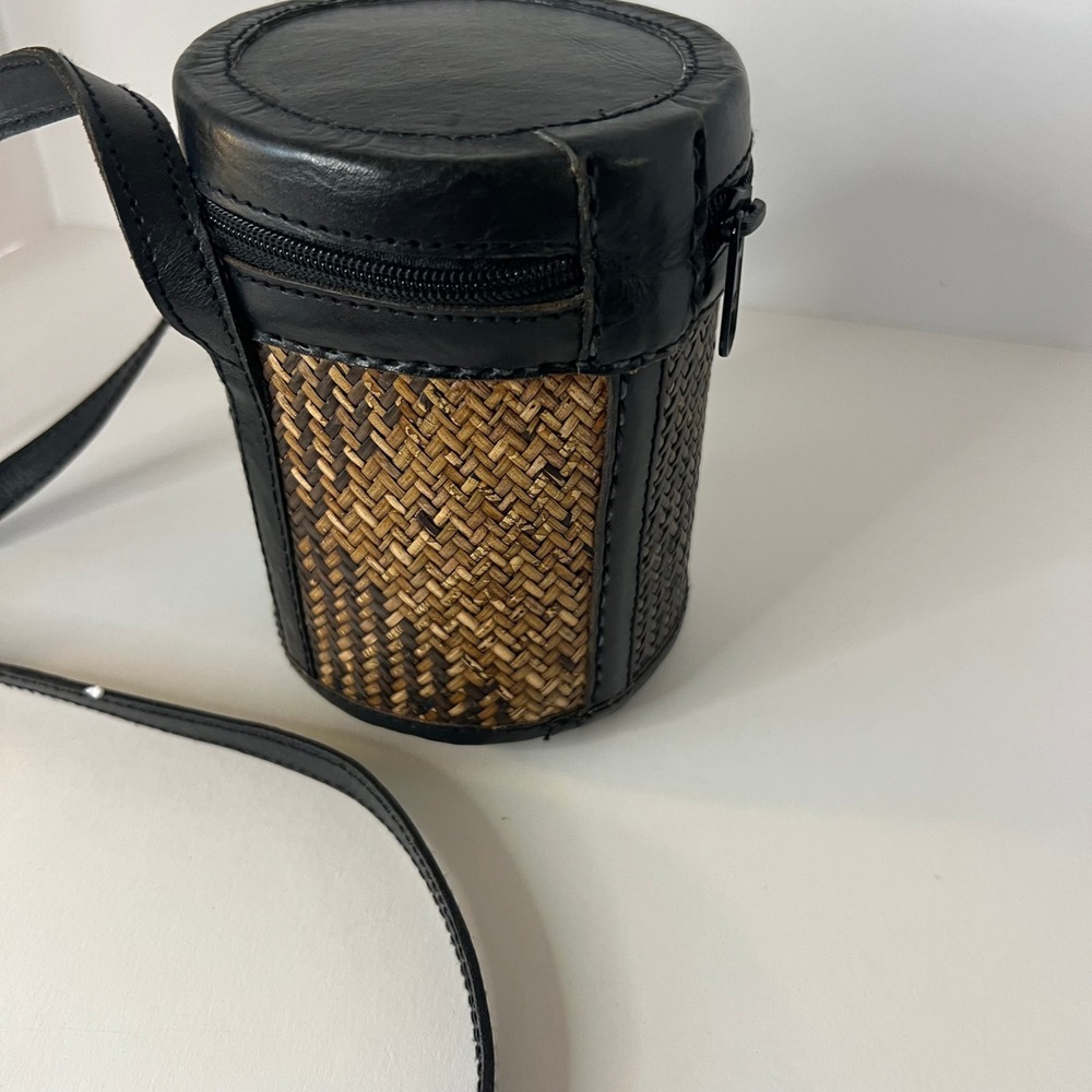 Vintage Rattan Leather Cylinder Crossbody Bag Brown 4 x 6" Zip Closure - Picture 6 of 8